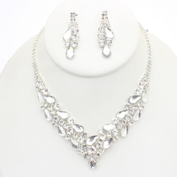 RHINESTONE TEARDROP V NECKLACE EARRING SET