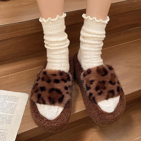 FAUX FUR LEOPARD PRINT OPEN TOE COZY INDOOR SLIPPERS