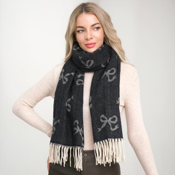 BOW PRINT TASSEL WRAP AROUND SCARF