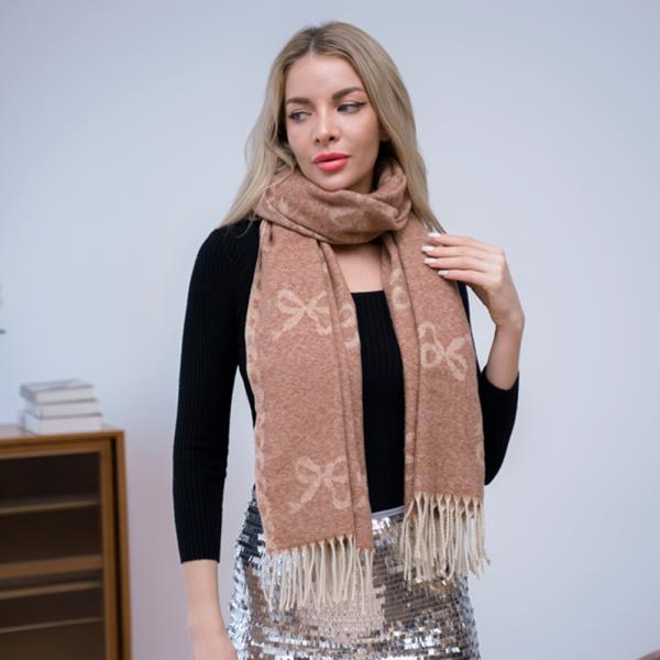 BOW PRINT TASSEL WRAP AROUND SCARF