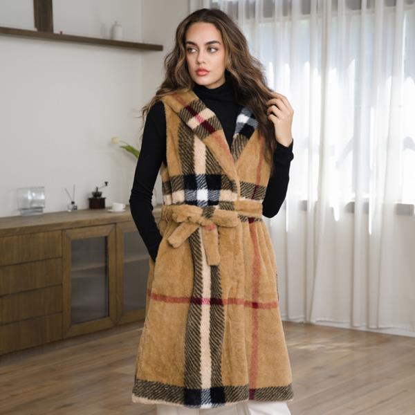 PLAID FAUX FUR HOODED LONG VEST COAT WITH BELT