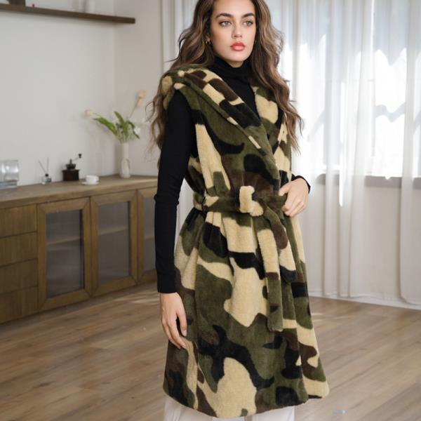 CAMOUFLAGE FAUX FUR HOODED LONG VEST COAT WITH BELT