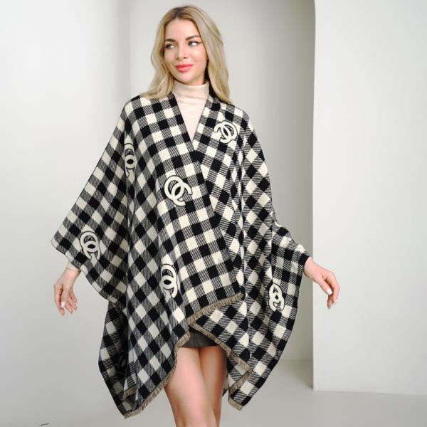 PLAID PATTERN LOGO PRINT OPEN FRONT PONCHO SHAWL