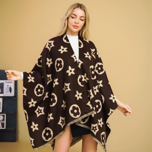 GEOMETRIC FLORAL PATTERN OPEN FRONT WINTER PONCHO SHAWL