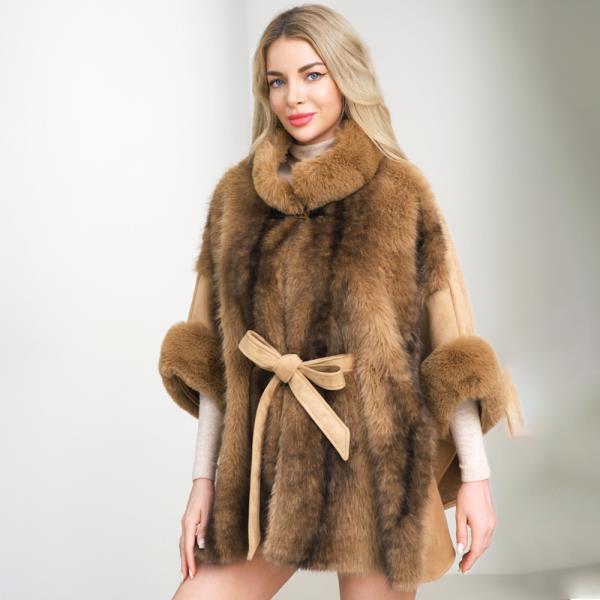 LUXURY FAUX FUR BELTED WINTER CAPE COAT