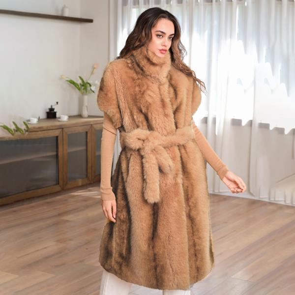 LUXE FAUX FUR HIGH COLLAR BELTED LONG VEST COAT