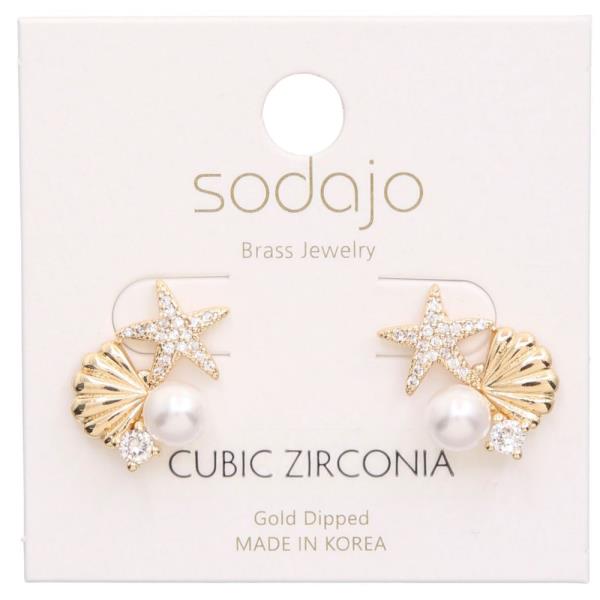 SODAJO PEARL BEAD STARFISH CZ GOLD DIPPED EARRING