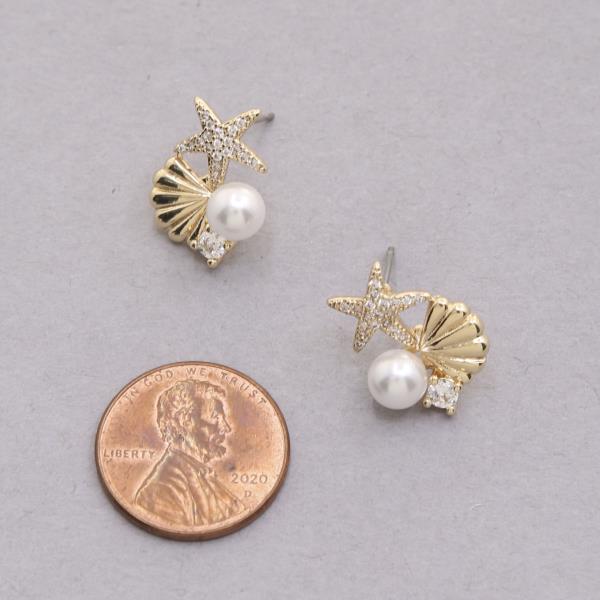 SODAJO PEARL BEAD STARFISH CZ GOLD DIPPED EARRING