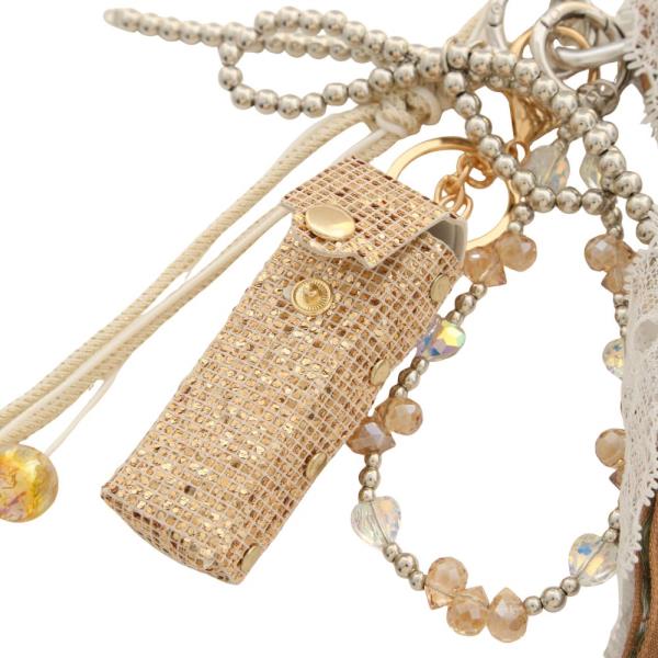 RHINESTONE LIPSTICK HOLDER LACE BEADED RIBBON BOW KEYCHAIN