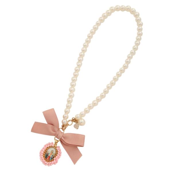 RELIGIOUS PENDANT RIBBON BOW PEARL BEAD KEYCHAIN
