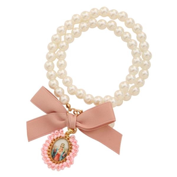 RELIGIOUS PENDANT RIBBON BOW PEARL BEAD KEYCHAIN