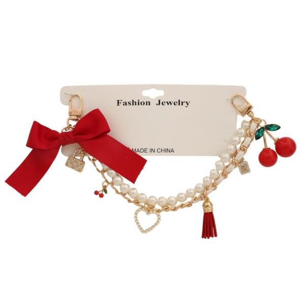 RIBBON BOW CHERRY MULTI CHARM PEARL BEAD BAG CHAIN