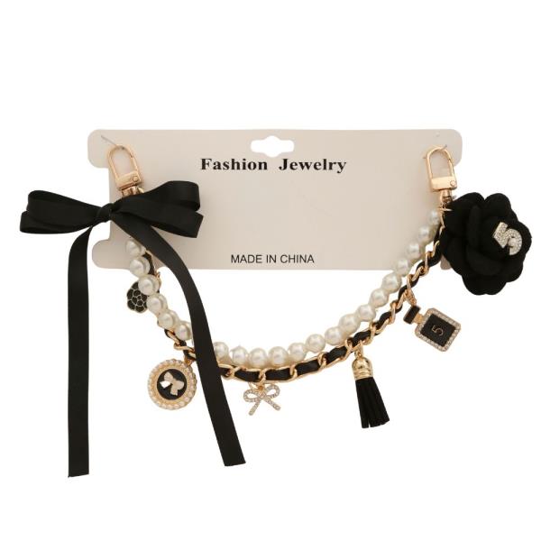 RIBBON MULTI CHARM PEARL BEAD BAG CHAIN