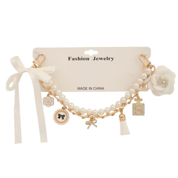 RIBBON MULTI CHARM PEARL BEAD BAG CHAIN