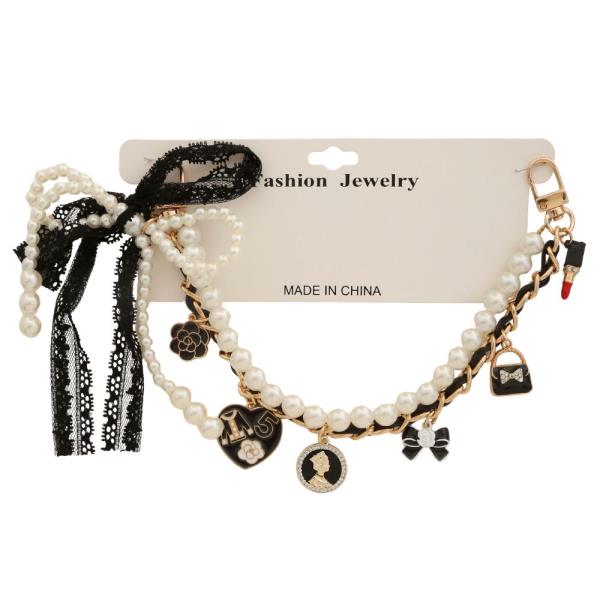 LACE RIBBON BOW MULTI CHARM PEARL BEAD BAG CHAIN