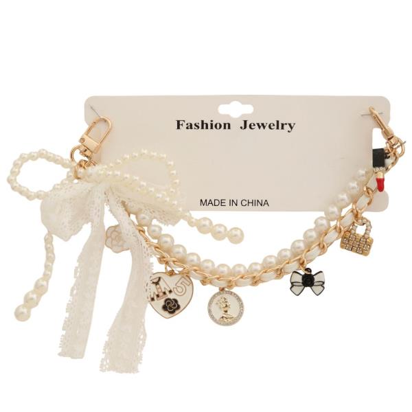 LACE RIBBON BOW MULTI CHARM PEARL BEAD BAG CHAIN