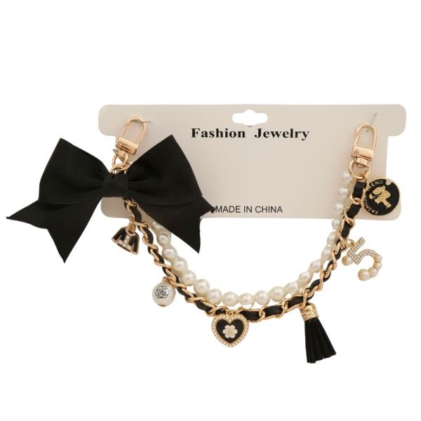 RIBBON BOW MULTI CHARM TASSEL PEARL BEAD BAG CHAIN
