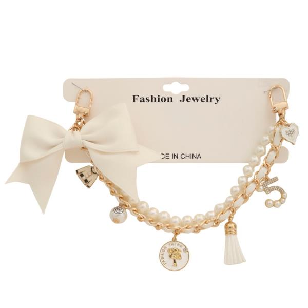 RIBBON BOW MULTI CHARM TASSEL PEARL BEAD BAG CHAIN