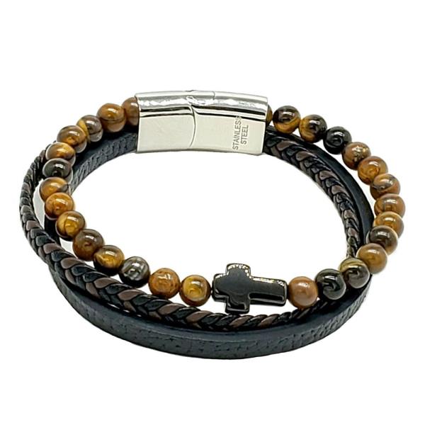 STAINLESS STEEL BEADED LEATHER MAGNETIC BRACELET