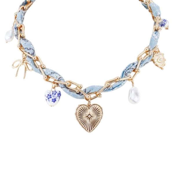 HEART MULTI CHARM U LINK FABRIC NECKLACE