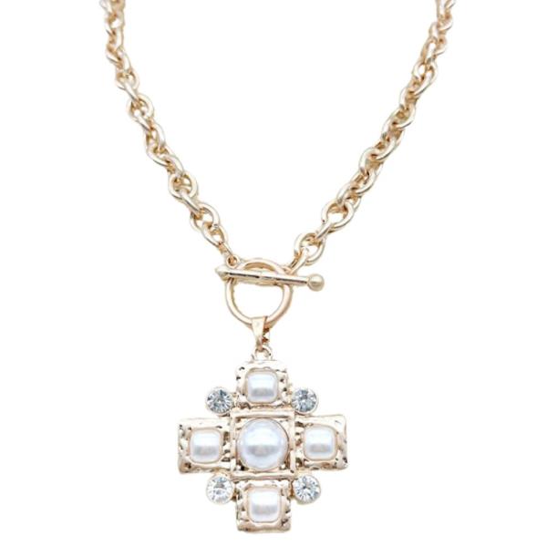 WIDE CROSS PEARL BEAD CRYSTAL TOGGLE CLASP METAL NECKLACE