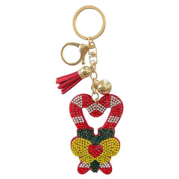 RHINESTONE CHRISTMAS CANDY CANE HEART TASSEL KEYCHAIN