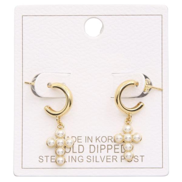 PEARL CROSS OPEN HOOP GOLD DIPPED EARRING