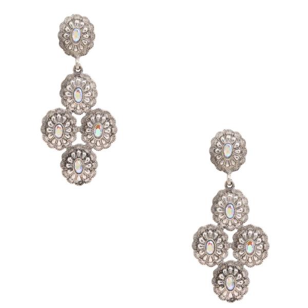 TEXTURED METAL FLORAL CONCHO RHINESTONE DANGLE EARRINGS
