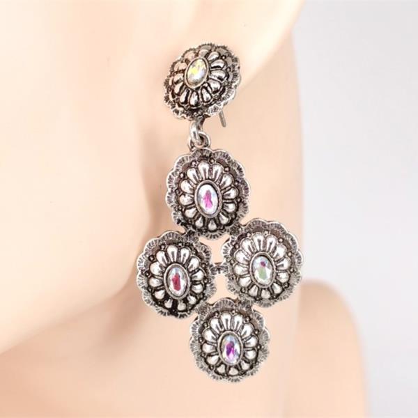 TEXTURED METAL FLORAL CONCHO RHINESTONE DANGLE EARRINGS