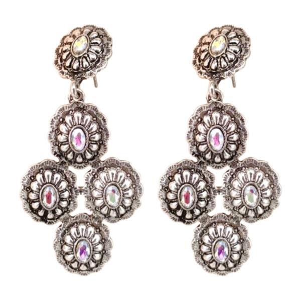 TEXTURED METAL FLORAL CONCHO RHINESTONE DANGLE EARRINGS