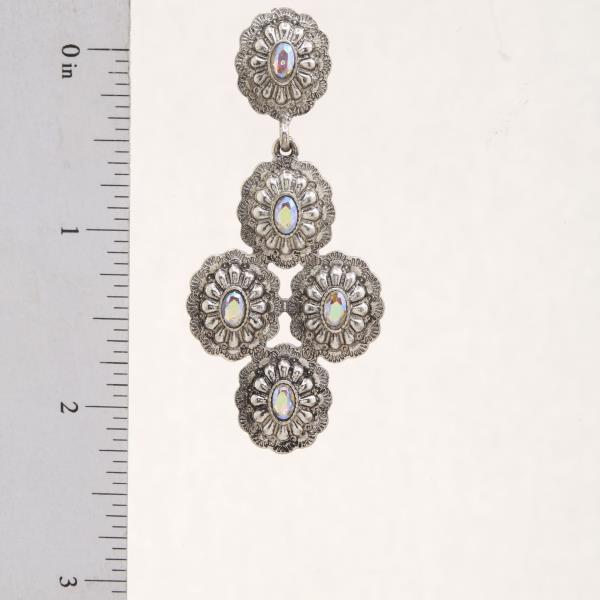 TEXTURED METAL FLORAL CONCHO RHINESTONE DANGLE EARRINGS