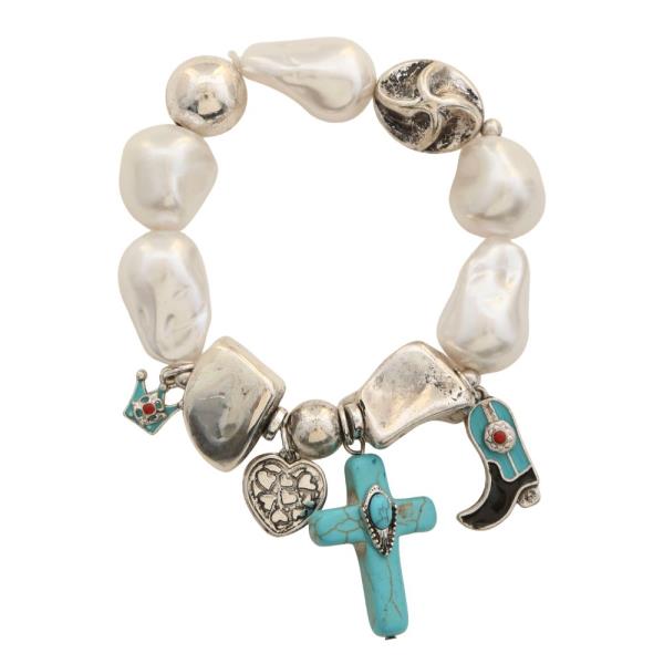 TURQUOISE CROSS WESTERN CHARM PEARL BEAD BRACELET