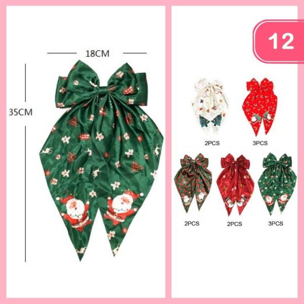 CHRISTMASPATTERN LONG TAIL HAIR BOW (12 UNITS)