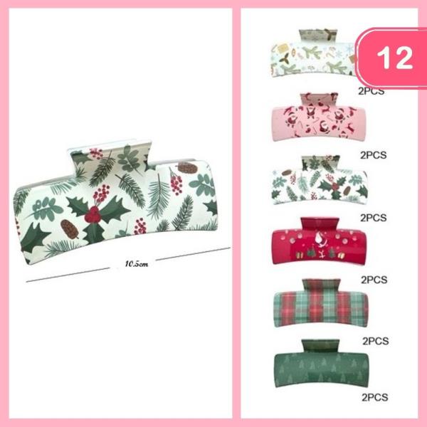 CHRISTMAS MIXED PATTERN HAIR CLAW CLIPS (12 UNITS)