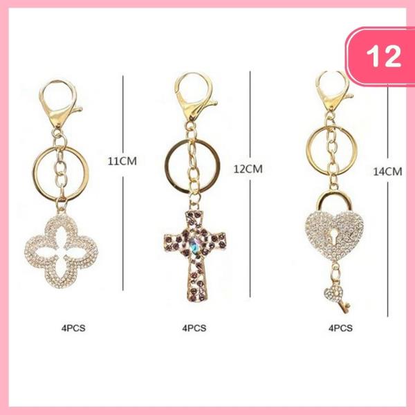 RHINESTONE CLOVER CROSS HEART KEY KEYCHAIN (12 UNITS)