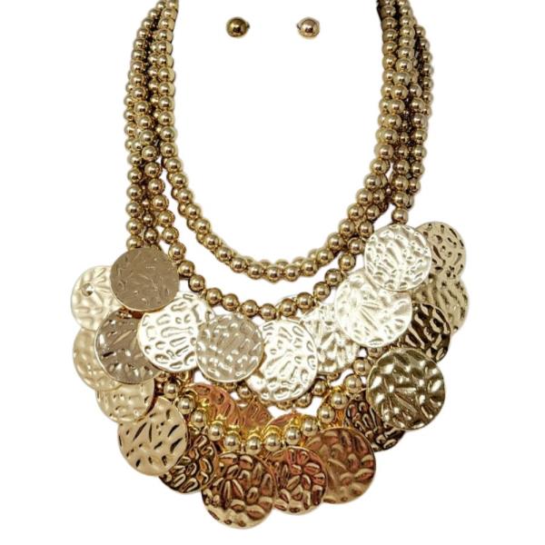TEXTURED COIN LINK BALL BEAD LAYERED NECKLACE