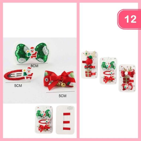 MIXED CHRISTMAS SEQUINS RIBBON BELL BOW PINS WITH SNAP HAIR PIN (12 UNITS)