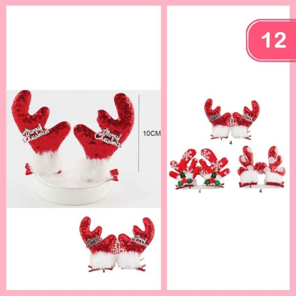 CHRISTMAS SEQUINS REINDEER ANTLERS HAIR PINS  (12 UNITS)
