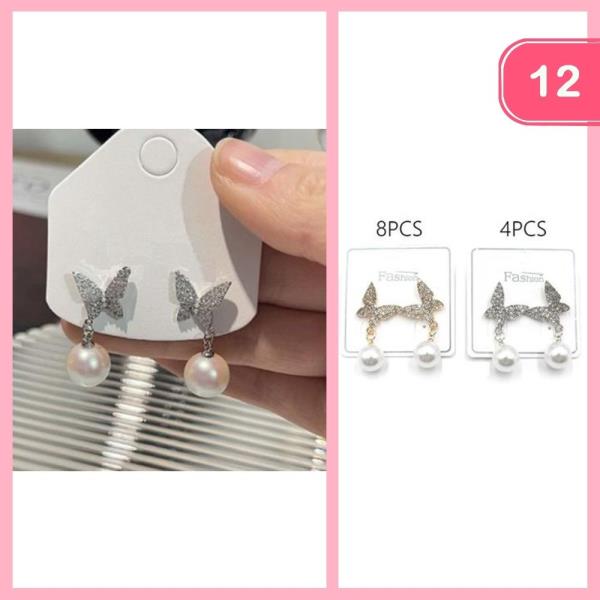 RHINESTONE BUTTERFLY PEARL DANGLE EARRING (12 UNITS)