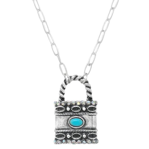 WESTERN SEMI STONE LOCK PENDANT NECKLACE