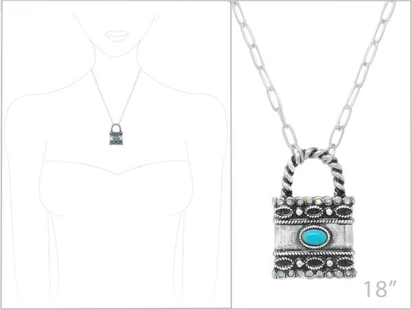 WESTERN SEMI STONE LOCK PENDANT NECKLACE