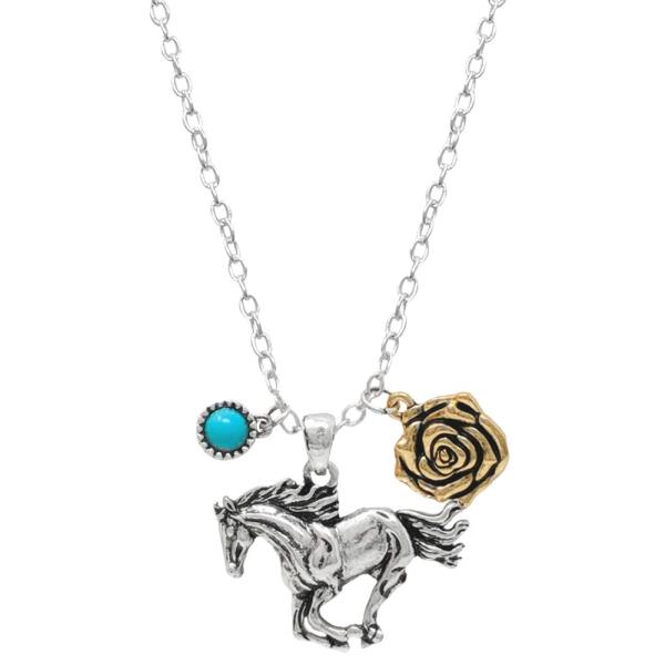 WESTERN SEMI STONE HORSE ROSE METAL NECKLACE