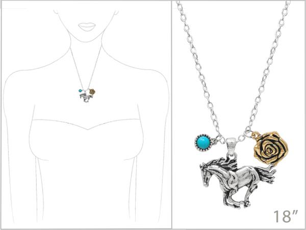 WESTERN SEMI STONE HORSE ROSE METAL NECKLACE