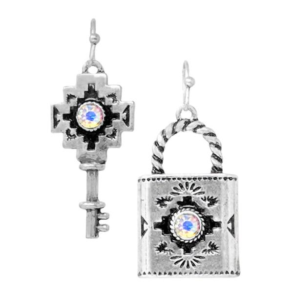 WESTERN GLASS STONE LOCK KEY EARRING