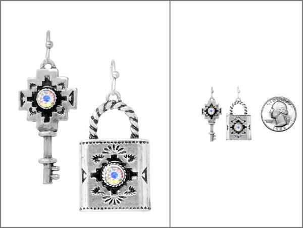 WESTERN GLASS STONE LOCK KEY EARRING
