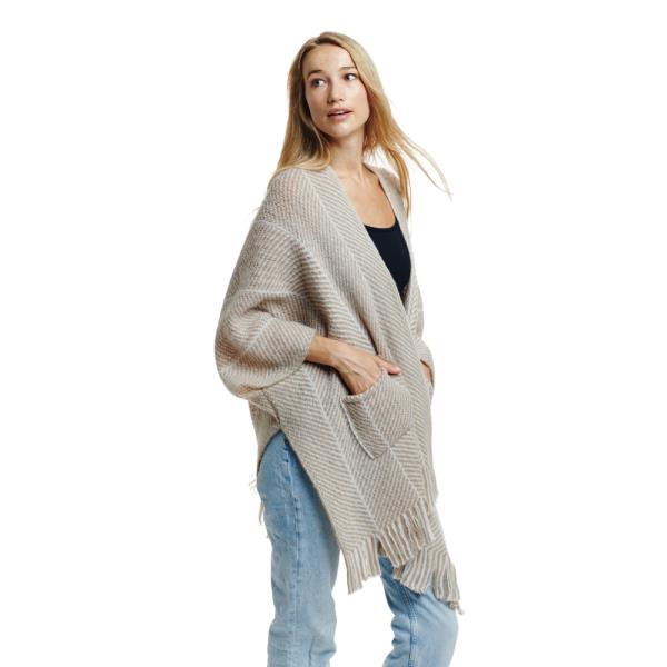 HERRINGBONE PATTERN FRINGE DUSTER WITH POCKETS
