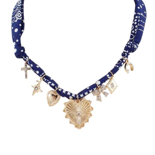 HEART MULTI CHARM FABRIC NECKLACE