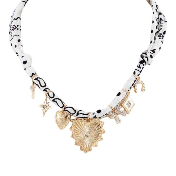 HEART MULTI CHARM FABRIC NECKLACE