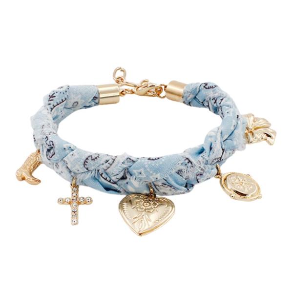 HEART CROSS MULTI CHARM FABRIC BRACELET