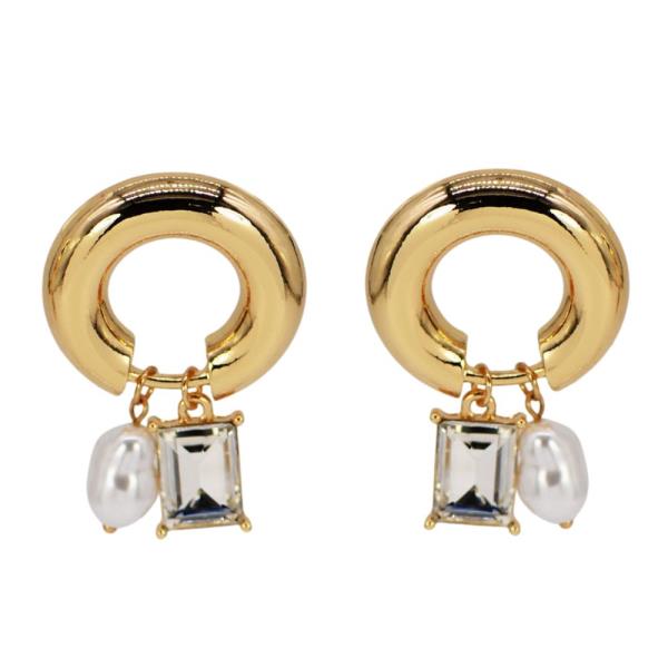 PEARL BEAD CRYSTAL HOOP METAL EARRING